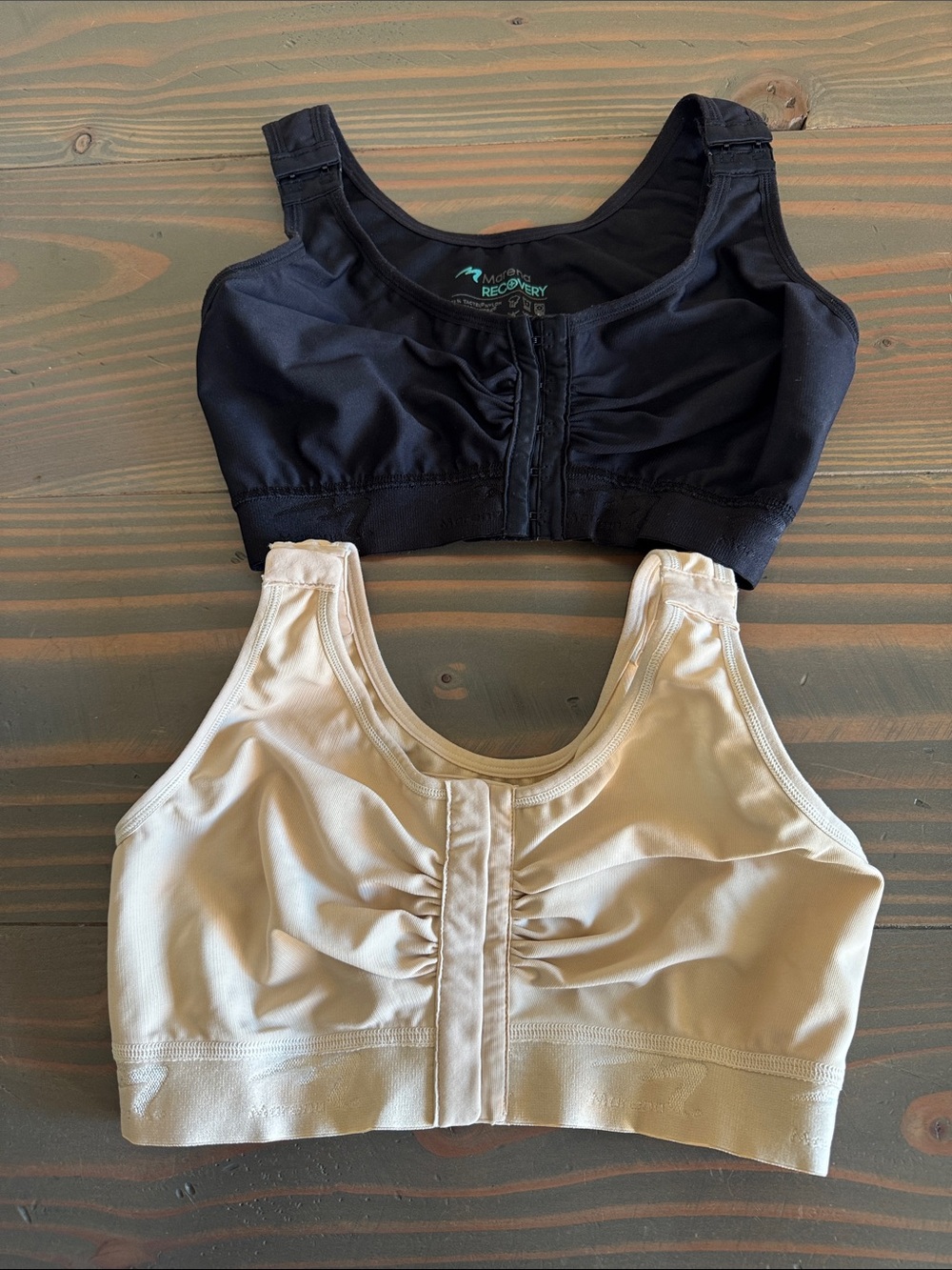 Marena Recovery Front-Closure Support Bras in Black and Beige
